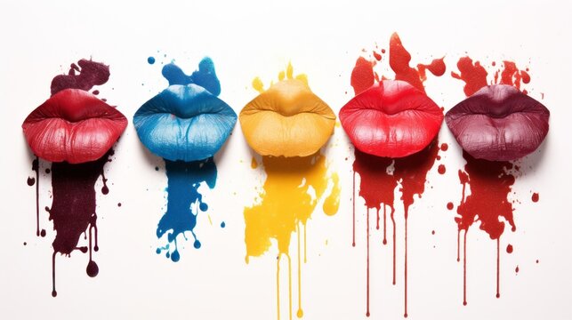 A row of colorful lips with a splash of paint on them