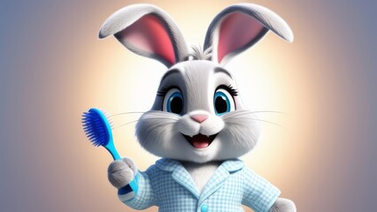 A cartoon rabbit is holding a blue toothbrush and smiling. The rabbit is wearing a blue and white pajamas