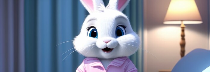 A cartoon rabbit is sitting on a bed in pajamas. The rabbit is smiling and he is happy - Powered by Adobe