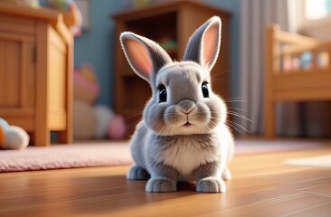 A cartoon rabbit is sitting on a wooden floor. The rabbit is looking at the camera with its eyes...