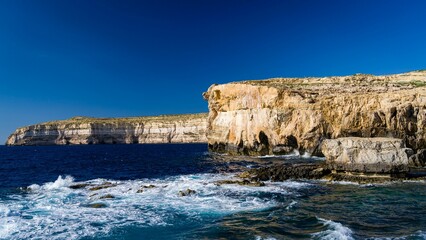 Fototapeta na wymiar Landscape of the Blue Hole surrounded by the sea in Gozo, Malta