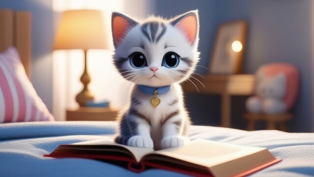 A cute cat is sitting on a bed with an open book in front of it. The cat is wearing a blue bandana and has a heart on its chest. The scene is playful and lighthearted