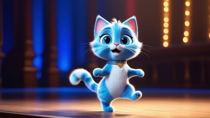 A blue cat is dancing on a stage. The cat is wearing a collar and he is happy