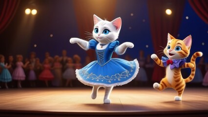 A couple of cats are dancing on stage in a blue dress and a black suit. The cats are surrounded by other cats in various costumes