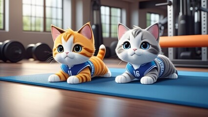 Two cats are laying on a mat, one wearing a blue jersey with the number 16. The scene is bright and cheerful, with the cats looking happy and relaxed