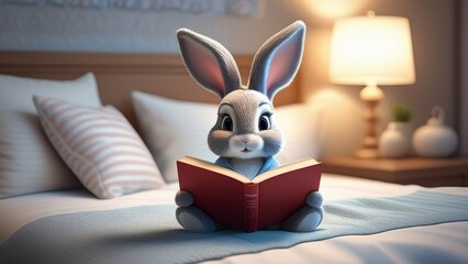 A rabbit is sitting on a bed with an open book in front of it. The rabbit is reading the book, and...