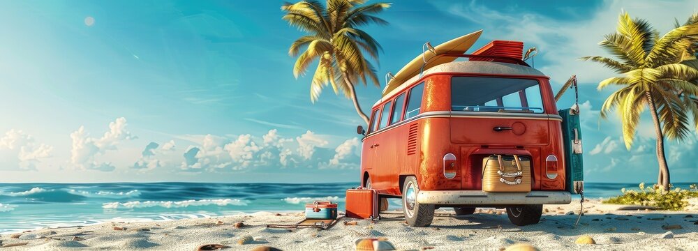 summer holiday concept vintage van with luggage , surfboard and beach accessories on the beach, palm tree, blue sky, summer vacation.