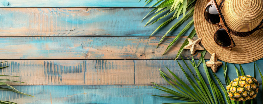 Summertime serenity captured on a wooden table: a straw hat, stylish sunglasses, a ripe pineapple, and vibrant palm leaves. Evoking tropical escapades and leisurely moments under the sun.
