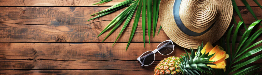 On a rustic wooden table background, a delightful ensemble unfolds featuring a straw hat, stylish sunglasses, a ripe pineapple, and verdant palm leaves.