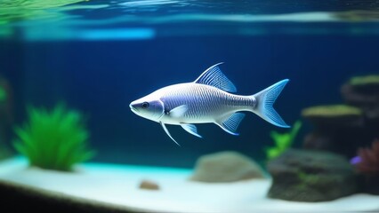 A fish swimming in a tank with a rock and some plants. The fish is blue and white