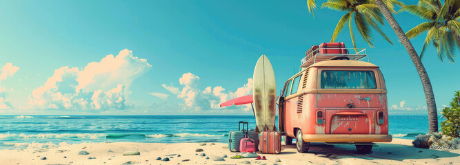 summer holiday concept vintage van with luggage , surfboard and beach accessories on the beach, palm tree, blue sky, summer vacation.