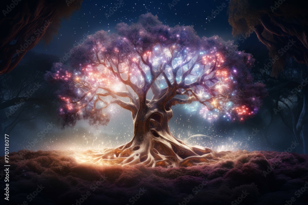 Wall mural an enchanted tree with glowing branches and a magical aura surrounding it