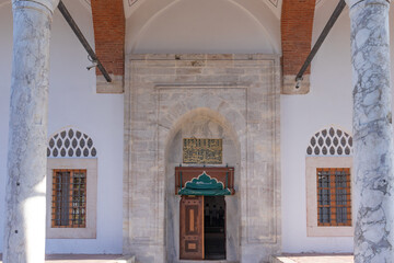 Rum Mehmed Pasha Mosque in Uskudar, Istanbul. Detail view from outside the mosque at sunset. 