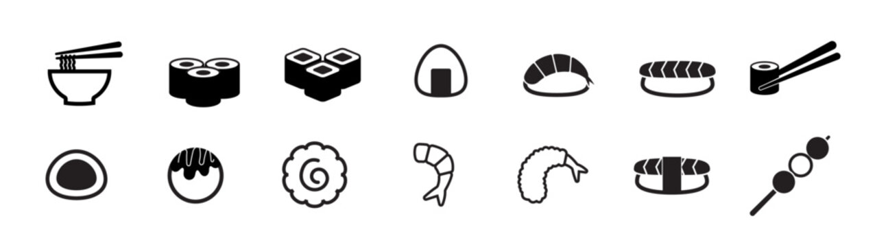 japanese food icon bundle, sushi, sashimi, tempura, takoyaki menu symbol