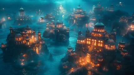 Fototapeta premium Voyage to the Luminous: A Mythical Underwater City Awaits in this Neon Art of Accessory Quest