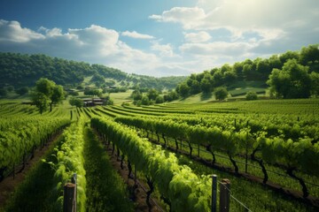 Fototapeta na wymiar A lush, green vineyard with its vines, trellises, and grapes