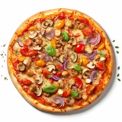 A pizza with a golden-brown crust, topped with a variety of colorful vegetables, isolated on white background