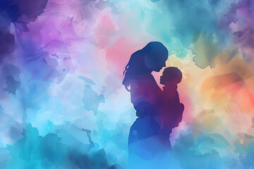 digital painting of a mother embracing her child against a colorful watercolor background, mother's day concept, generative ai - obrazy, fototapety, plakaty