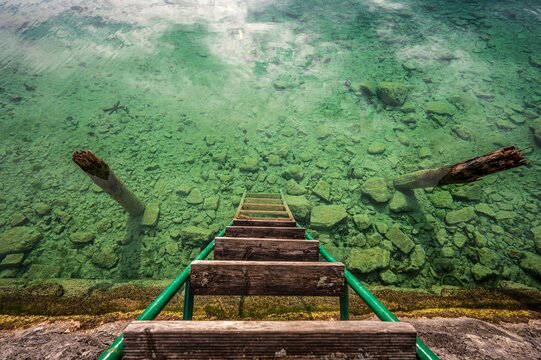 Old wooden poles in green water with a set of stairs leading up to the water in the background - Powered by Adobe