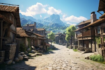 a picturesque mountain village with traditional houses and cobblestone streets - obrazy, fototapety, plakaty
