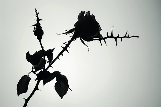 Silhouette of a rose with thorns on its stem, beauty amidst the sharp, white backdrop.