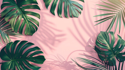 Tropical leaves on pink background with soft shadows