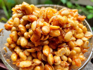 Soybeans with the Latin name Glycine max are processed into a spicy dish