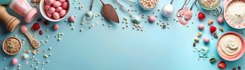 A blue background with a variety of food items including nuts, raisins free space for text