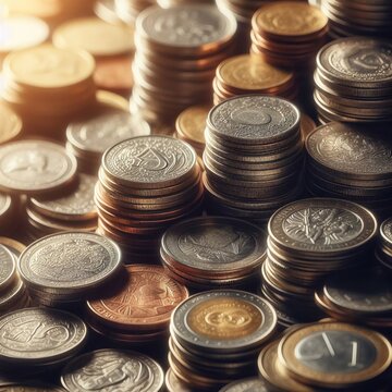 An image depicting various stacks of coins that are bathed in warm light, giving the scene a rich, inviting glow. The coins are stacked in varying heights, showcasing an assortment of different v...