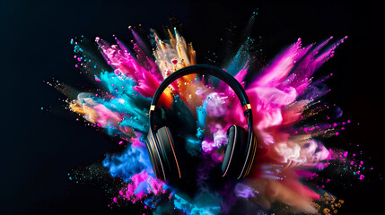 Explosive music concept with colorful paint and headphones