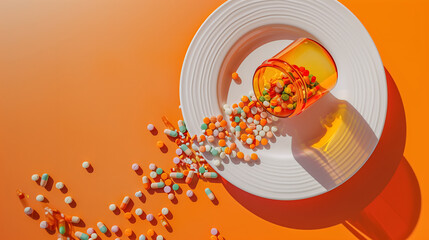 Spilled pills on orange background