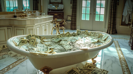 Luxury bathtub overflowing with cash - 770720489