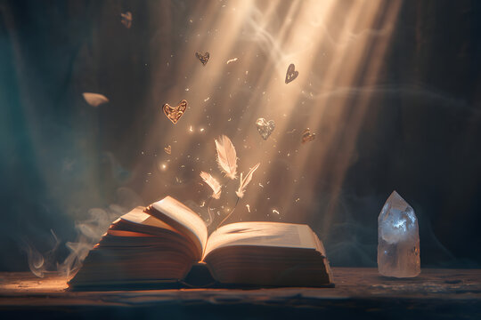 Open book Bible on wooden desk with mystic bright light fantasy light like holy spirit on black bokeh background magic poster 3d illustration