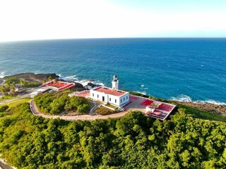 Architectural structure situated in the midst of a lush and verdant forest landscape at the shore