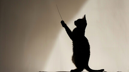 The silhouette of a cat standing on its hind legs, front paws raised as if conducting an orchestra,...