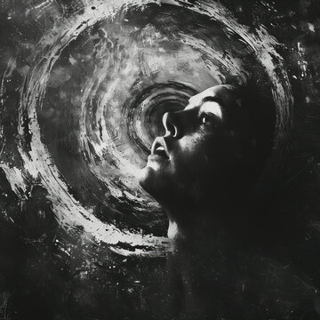 Portrait of a woman with her head in the center of a swirling spiral in black and white photography