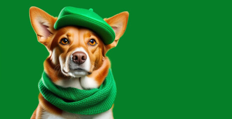 Portrait of a red dog in a bright green hat and scarf on a green background. Celebrating St. Patrick's Day.