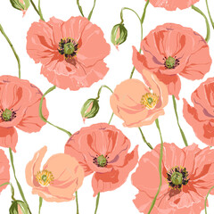Watercolor abstract flower seamless pattern of poppy and bud. Hand painted floral composition of wildflowers isolated on white background. Holiday Illustration for design, print, fabric or background.