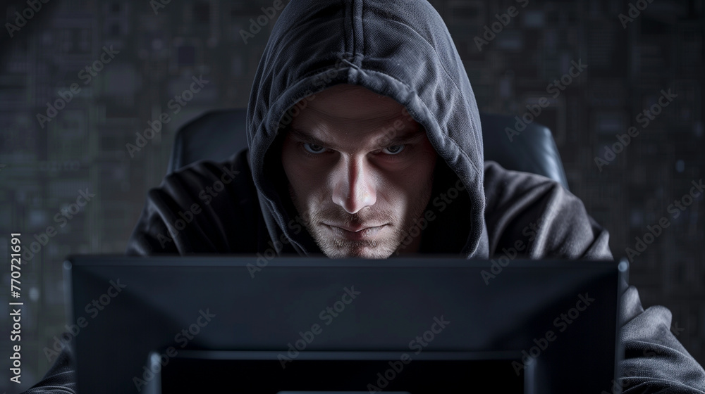 Poster a hacker in a black hood is trying to break into a computer system.