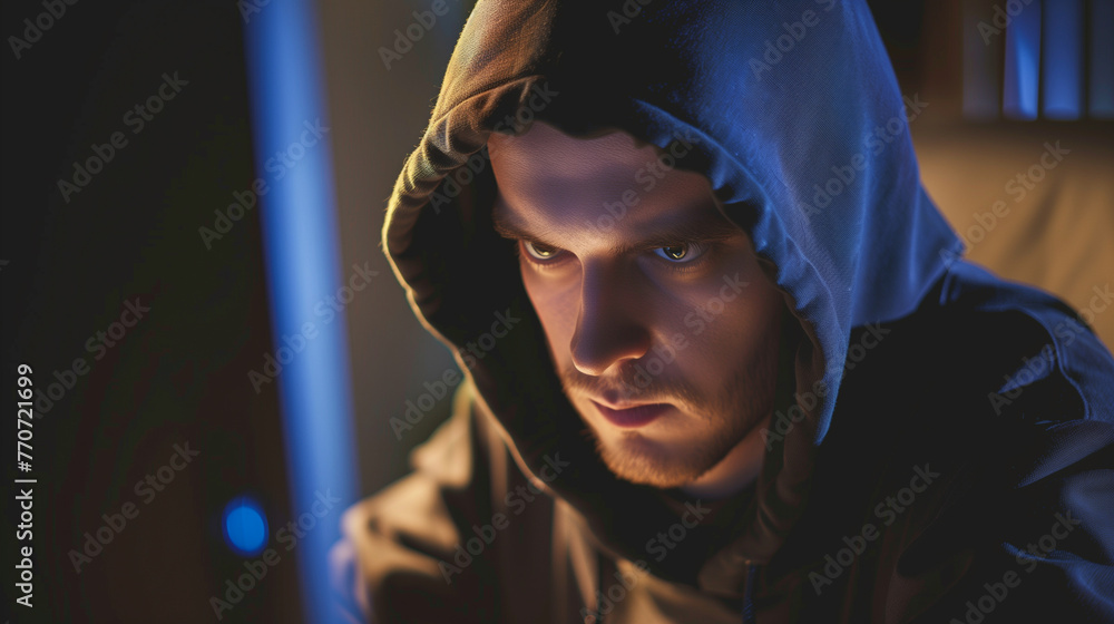 Poster a hacker in a black hood is trying to break into a computer system.