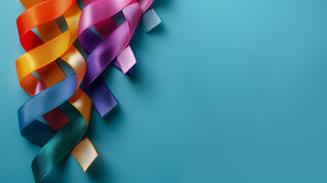 Stack of colorful awareness ribbons on blue background. copy space. generative ai 