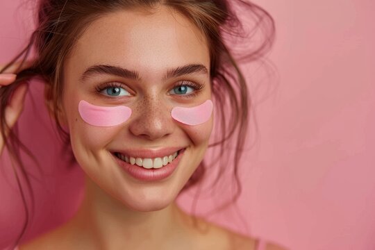 Young woman with radiant smile applying under-eye patches on pink background