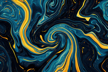 Colorful Swirling Abstract Design in Blue, Yellow, and Black on Monochrome Background with Intricate Patterns and Textures - obrazy, fototapety, plakaty