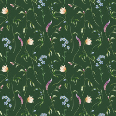 Watercolor seamless pattern of cosmos flower, forget-me-not and lavender. Hand painted floral composition isolated on dark green background. Flower illustration for interior design and background.