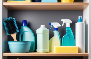 Flat lay of cleaning supplies like brushes, sponges, spray bottles, and gloves arranged on a shelf
