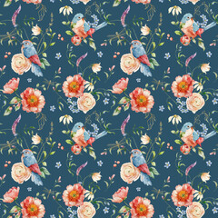 Watercolor floral seamless pattern of peonies, forget-me-not, ranunculi and song bird. Hand painted composition isolated on dark blue background. Flowers Illustration for interior design or print.