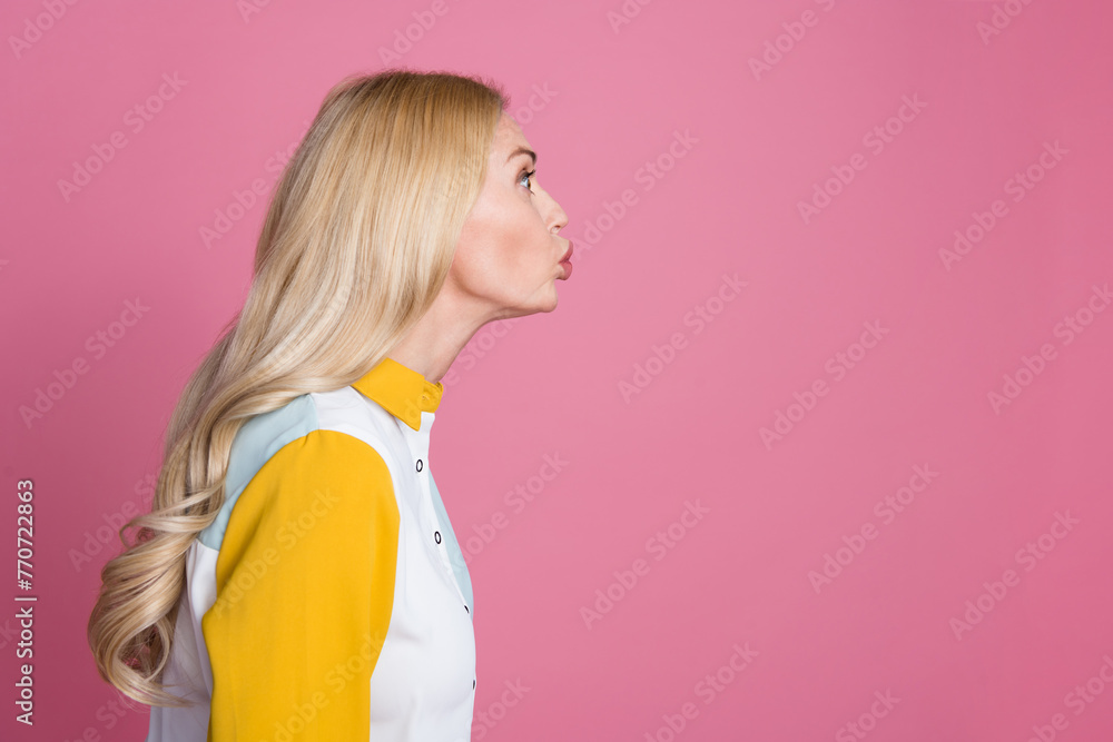 Sticker profile photo of stunning adorable girl look pouted lips kiss empty space isolated on pink color bac