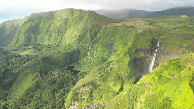 Azores landscape in Flores island. Waterfalls in Pozo da Alagoinha. Portugal 