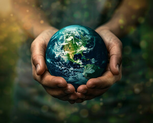 Abstract design showing a green and blue earth cradled in human hands, depicting care and love for the environment Abstract, protective.