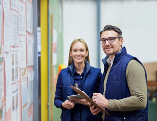 People, portrait and business checklist in warehouse with bulletin board for schedule or calendar...